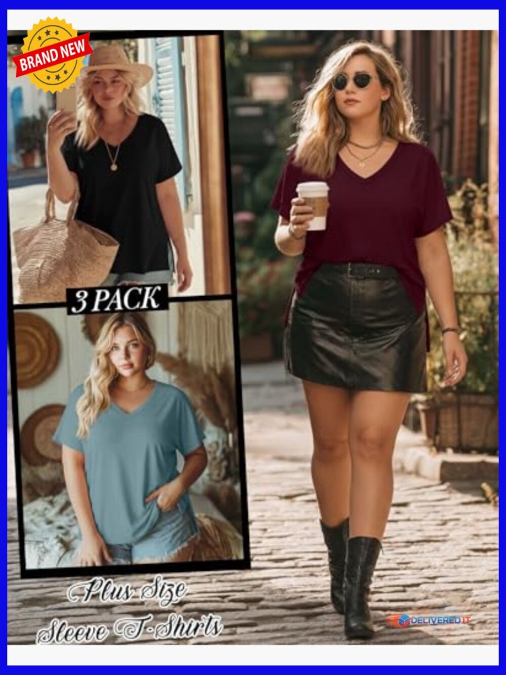 3 Pack Plus Size V Neck Tunic Tops Short Sleeve High Low Hem Summer Tees Blouses - Picture 5 of 7